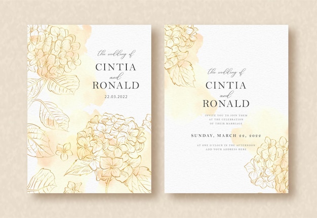 Gold flowers outline on splash watercolor wedding card background