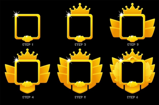 Gold frame game rank, square avatar template 6 steps animation for ui game. 