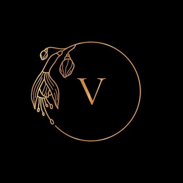 Gold frame template Fuchsia Flower and monogram concept with the letter V in minimal linear style. Vector floral logo with copy space for text. Emblem for Cosmetics, Wedding, Fashion, Beauty