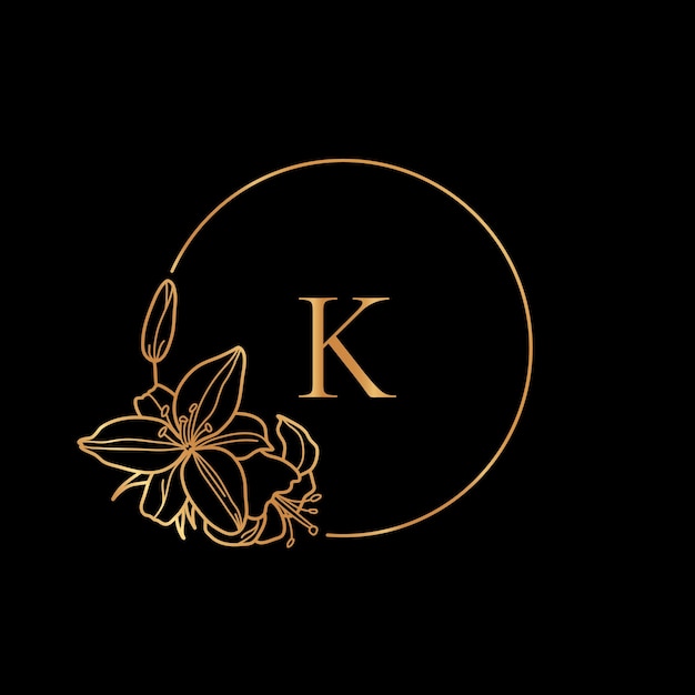 Gold frame template Lily Flower and monogram concept with the letter K in minimal linear style. Vector floral logo with copy space for text. Emblem for Cosmetics, Fashion, Beauty