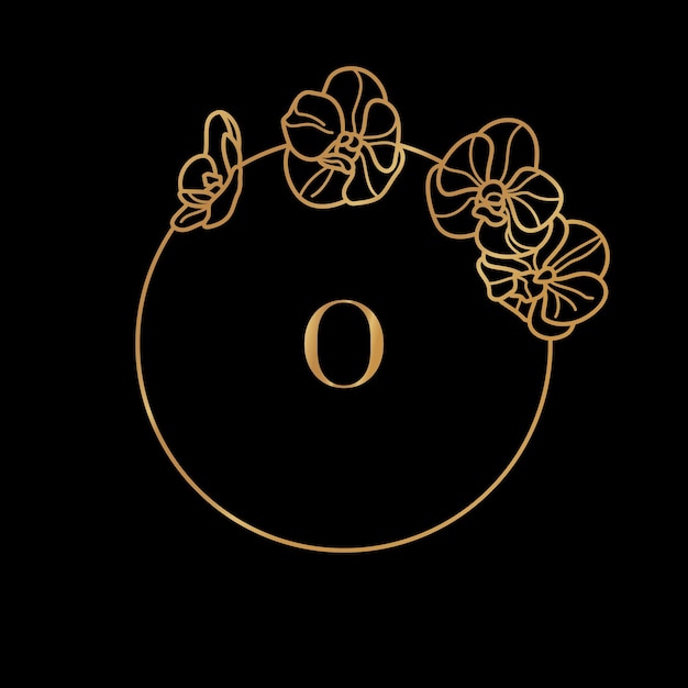 Gold frame template Orchid Flower and monogram concept with the letter O in minimal linear style. Vector floral logo with copy space for text. Emblem for Cosmetics, Medicines, Food, Fashion, Beauty