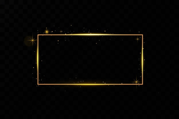 Gold frame with fiery sparks. Gold frame with light effects. Shining banner.