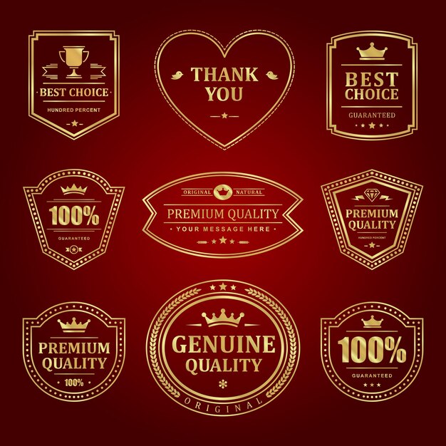 Gold frames premium labels set. Premium old quality sales and elegant decoration red surface. Crown and cup mark of elite certificate quality.