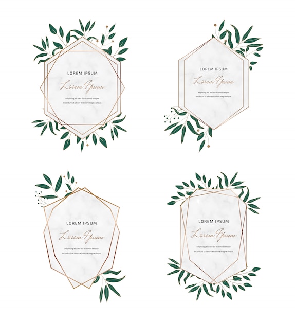 Gold geometric polygonal marble frames with botanical leaves. Luxury design elements