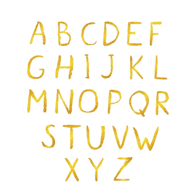 Gold glitter shiny vector alphabet Hand drawn golden letters AZ isolated on white Sans serif modern font Latin uppercase handwriting symbols Easy to edit template for your designs