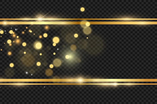 Gold glitter with shiny gold frame on a transparent black background. Vector luxury golden