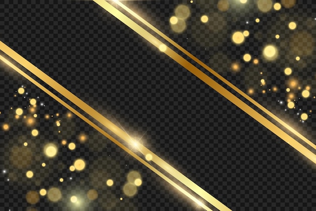 Gold glitter with shiny gold frame on a transparent black background. Vector luxury golden