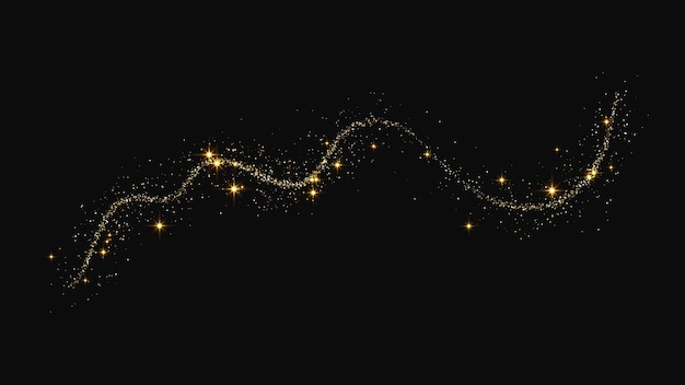 Gold glittering confetti wave and stardust Golden magical sparkles on dark background Vector illustration