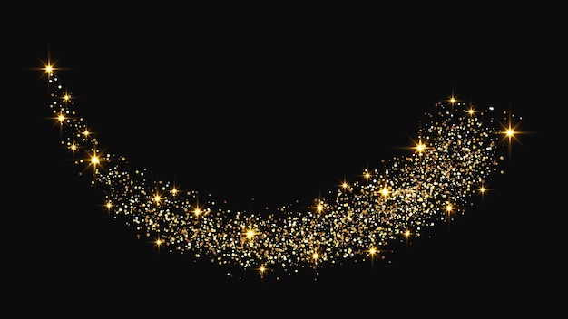 Gold glittering confetti wave and stardust. Golden magical sparkles on dark background. Vector illustration