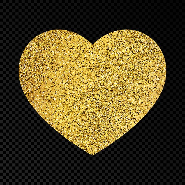 Gold glittering heart on dark transparent background. Background with gold sparkles and glitter effect. Vector illustration