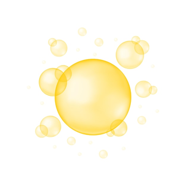 Gold glossy bubbles on white background Collagen droplets keratin serum jojoba cosmetic oil vitamin