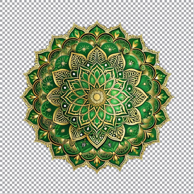 A gold and green mandala design on a transparent background