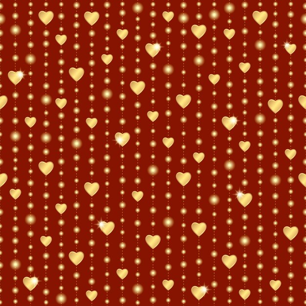 Vector gold hearts on a red background seamless pattern