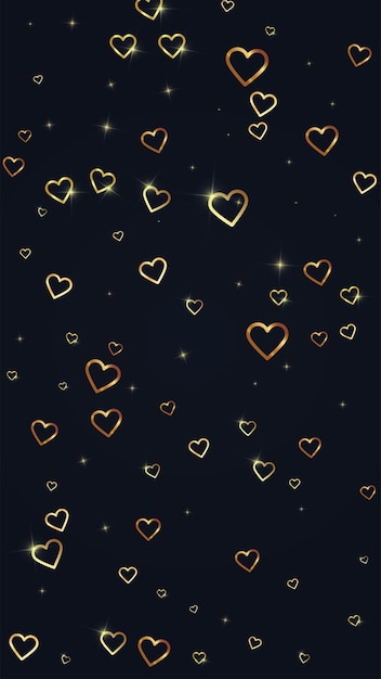 Vector gold hearts scattered on black background