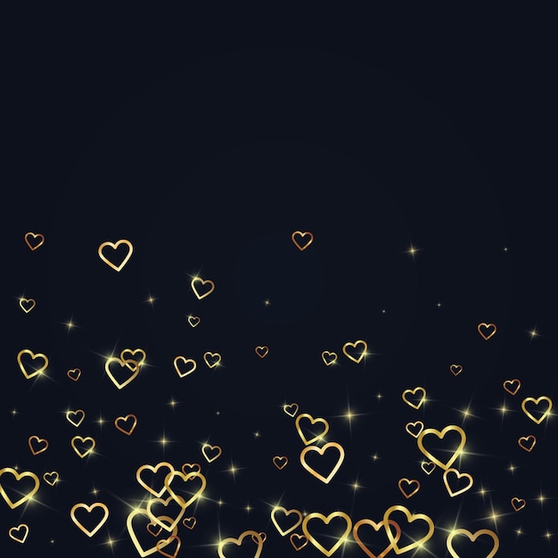 Vector gold hearts scattered on black background