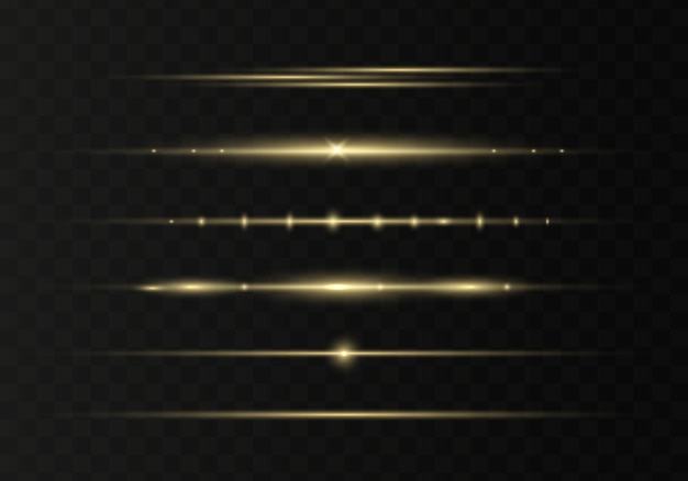 Gold horizontal lens flares pack. Abstract set of light flares, laser beams, sparkling lined. Vector