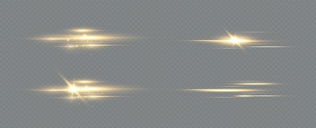 Gold horizontal lens flares pack. Laser beams, horizontal light rays. Glow transparent vector light