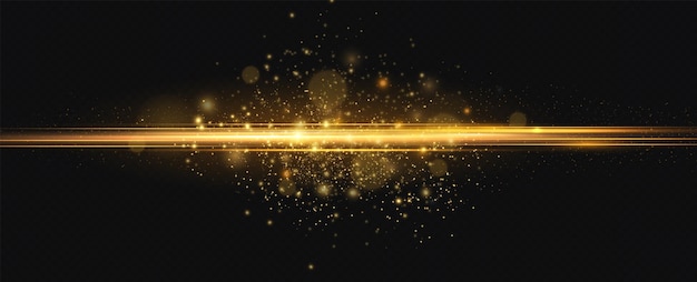 Gold horizontal lens flares pack. Laser beams, horizontal light rays. Glow transparent vector light