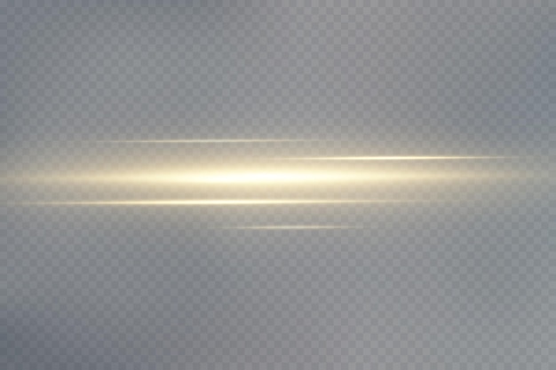 Gold horizontal lens flares pack. Laser beams, horizontal light rays. Glow transparent vector light