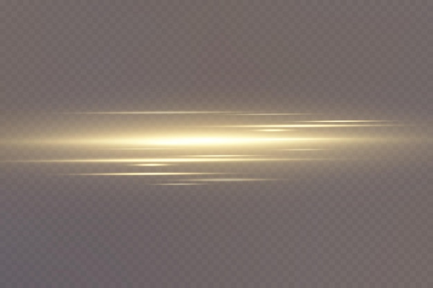 Gold horizontal lens flares pack. Laser beams, horizontal light rays. Glow transparent vector light