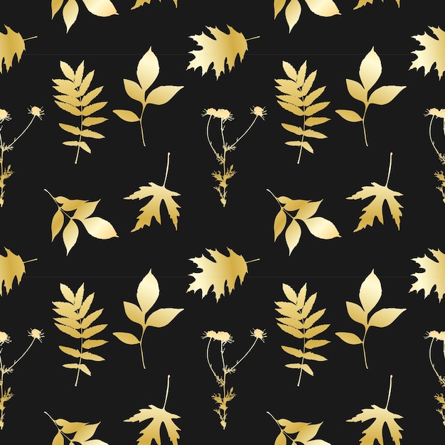 Gold leaves pattern , leave and camomile, dark background.