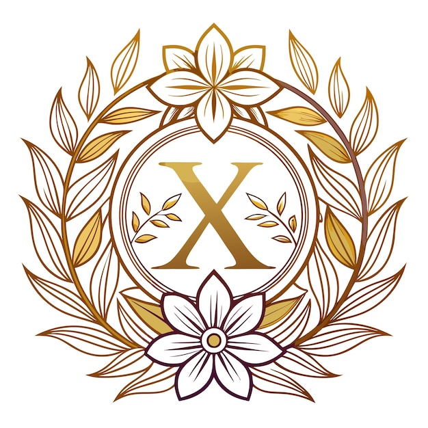 a gold letter x is in a circle with a flower design