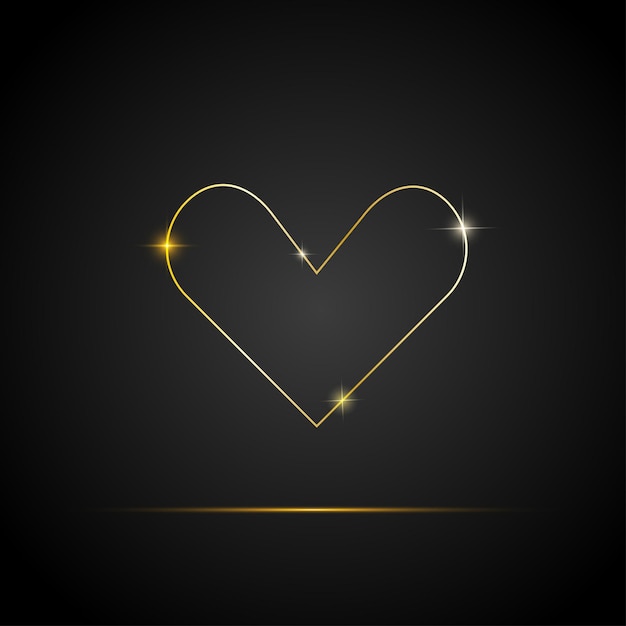 Gold line art heart with sparkles Happy Valentine's day vector greeting card on black background