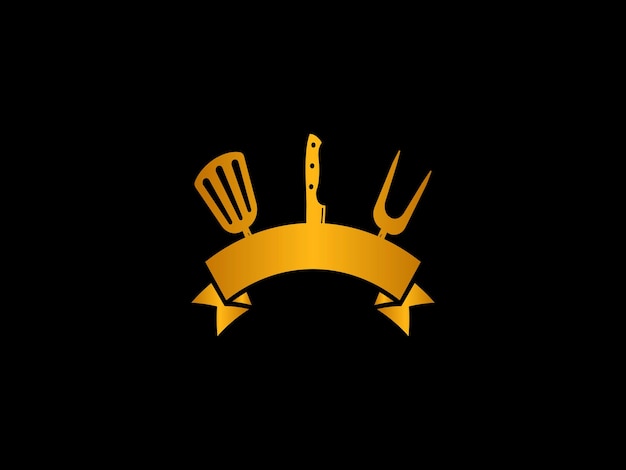 A gold logo with a fork and a ribbon for a restaurant