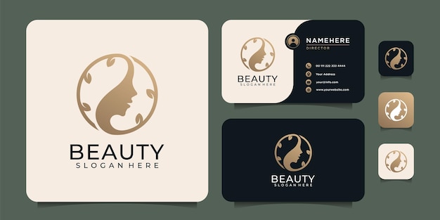 Gold luxury beauty woman face hair logo design elements symbol for spa and decoration