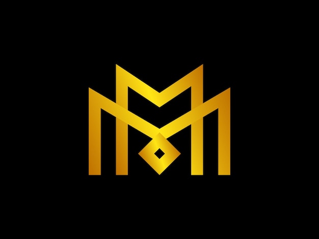 Gold m letter m with a diamond shape on a black background