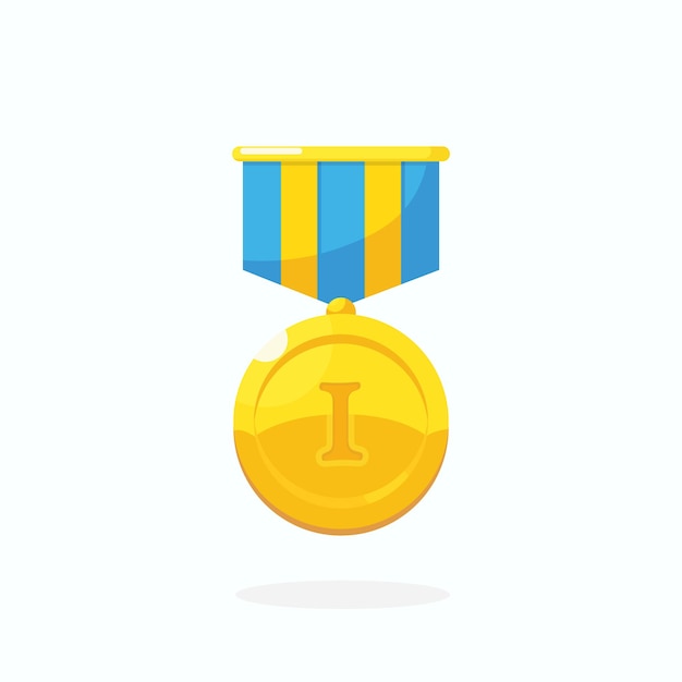 Gold medal for first place. Trophy, award, prize for winner isolated on white background. Golden badge with ribbon. Achievement, victory, success. Vector cartoon illustration Flat design