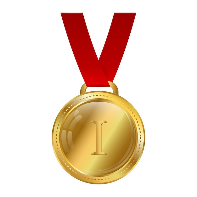 Gold medal with red ribbon isolated on white background. Award, prize for first place. Vector.