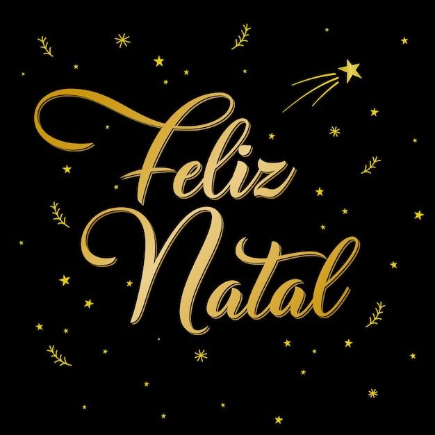 Gold Merry Christmas in Brazilian Portuguese and black background with shooting star Translation Merry Christmas