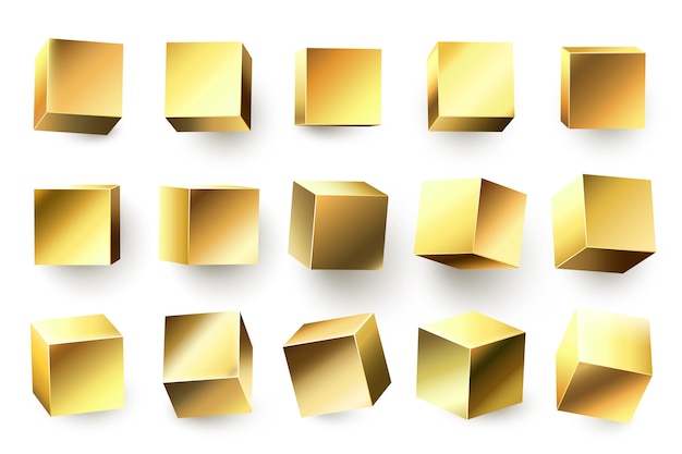 Gold metal cube. Realistic geometric 3D square shape, golden metallic cubes and shiny yellow shapes