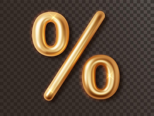 Gold metal percent Sign 3D Realistic symbol for black friday sale isolated on dark background Vector icon for discount Percentage Sale Promotion Concept