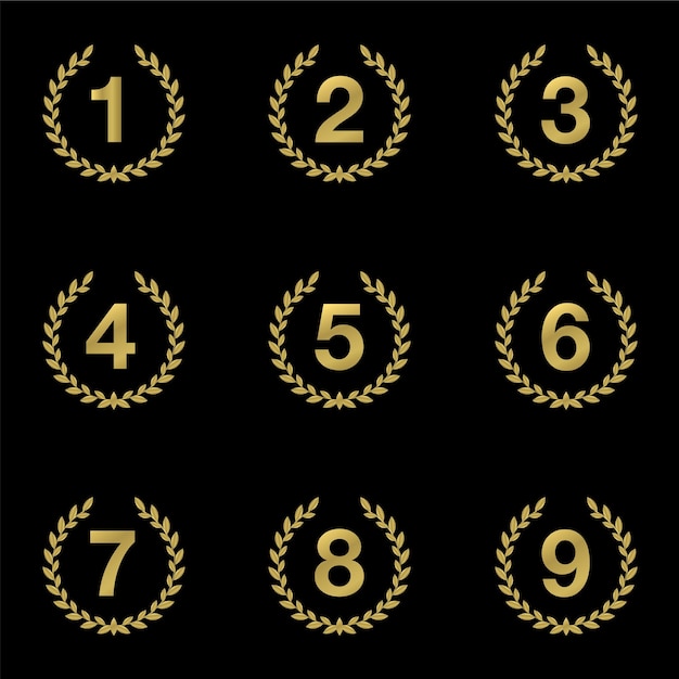 Gold metallic numbers with laurel wreath on black background