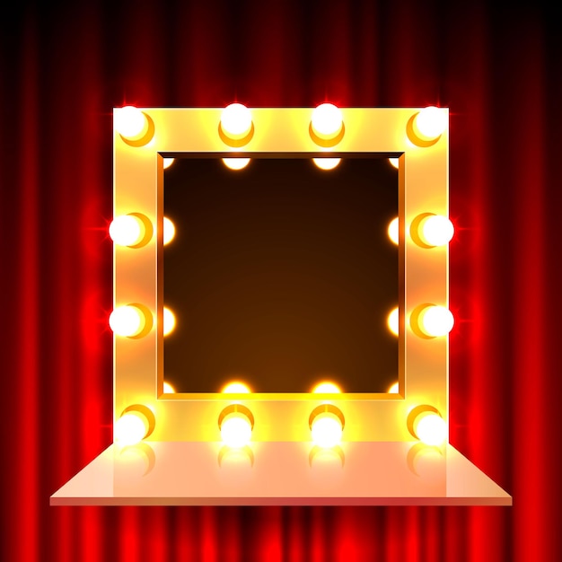 Gold mirror frame with light bulbs on the background of the scene. Vector illustration