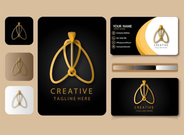 Gold necklace line art with circle logo and business card design