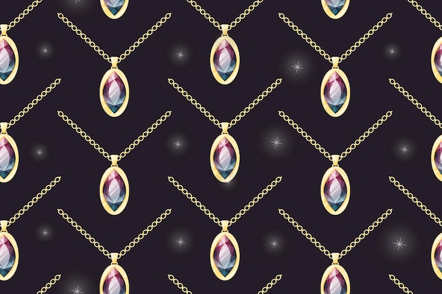 Vector gold necklace with ruby gemstone pendant vector seamless pattern women shining chain precious jewelry