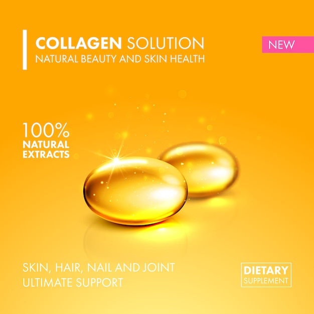 Gold oil collagen capsule pill illustration.