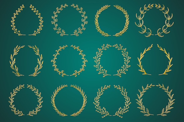 Gold ornamental branch wreathes set in hand drawn design Laurel leaves wreath and decorative branch bundle Botanical outline decor of herbs twigs sprigs and plants elements Vector decoration