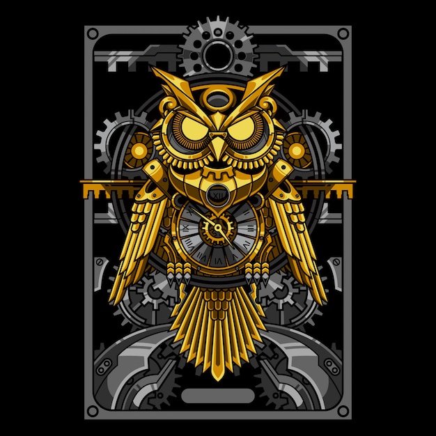 gold owl steampunk illustration and tshirt design