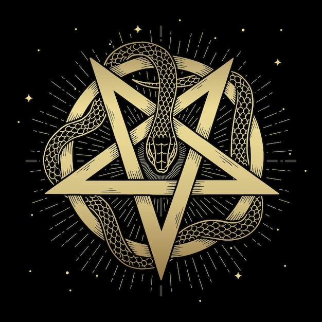 Vector gold pentagram symbol wrapped by snake