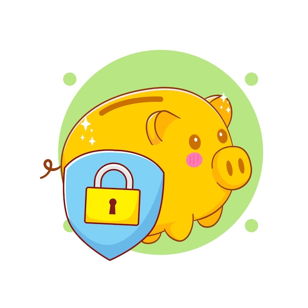 Gold Piggy bank with protect shield money savings concept