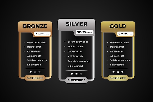 Gold Pricing Plan Table Business Template