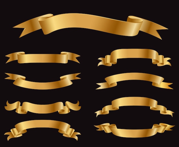 Gold ribbon banners isolated on black background.