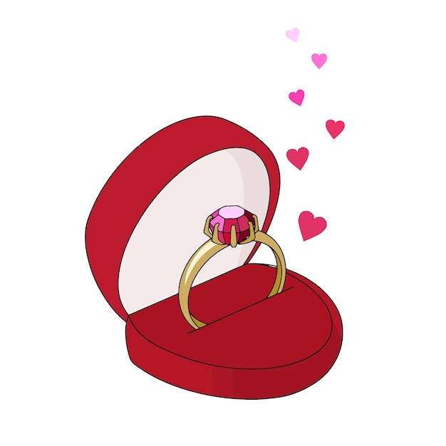 Gold ring with a precious stone in a red gift box.