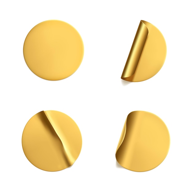 Gold round crumpled stickers with peeling corner set.