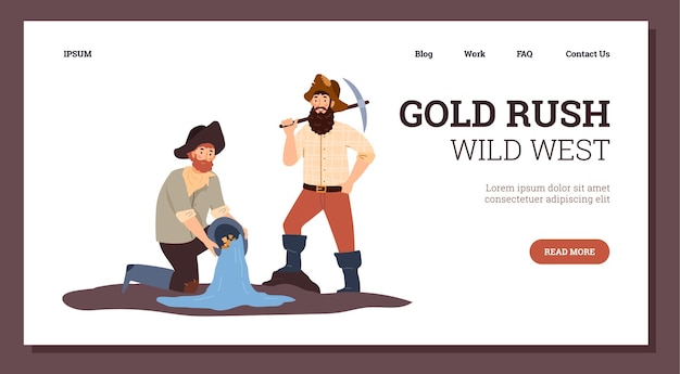 Gold rush website banner with gold diggers and miners flat vector illustration