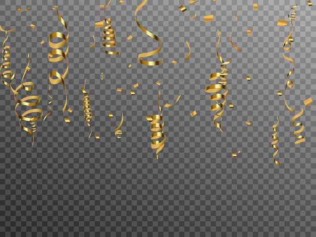 Gold serpentine and confetti isolated on black background Vector illustration